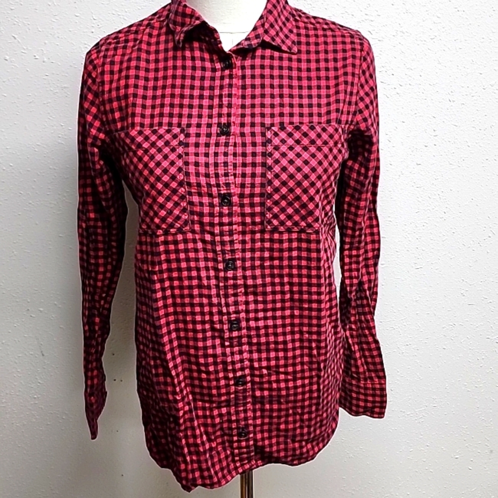 J Crew red black gingham check flannel shirt Y0896